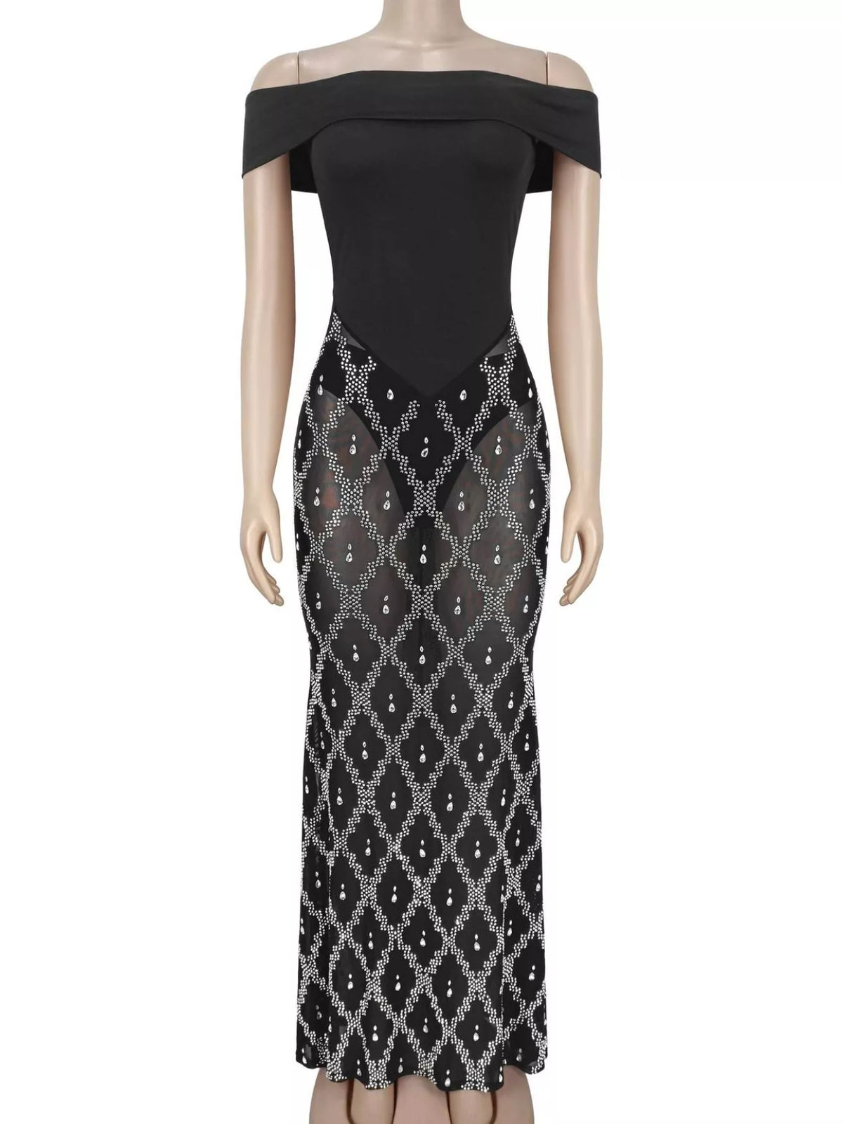 Off-Shoulder Sheer Rhinestone Embellished Maxi Dress