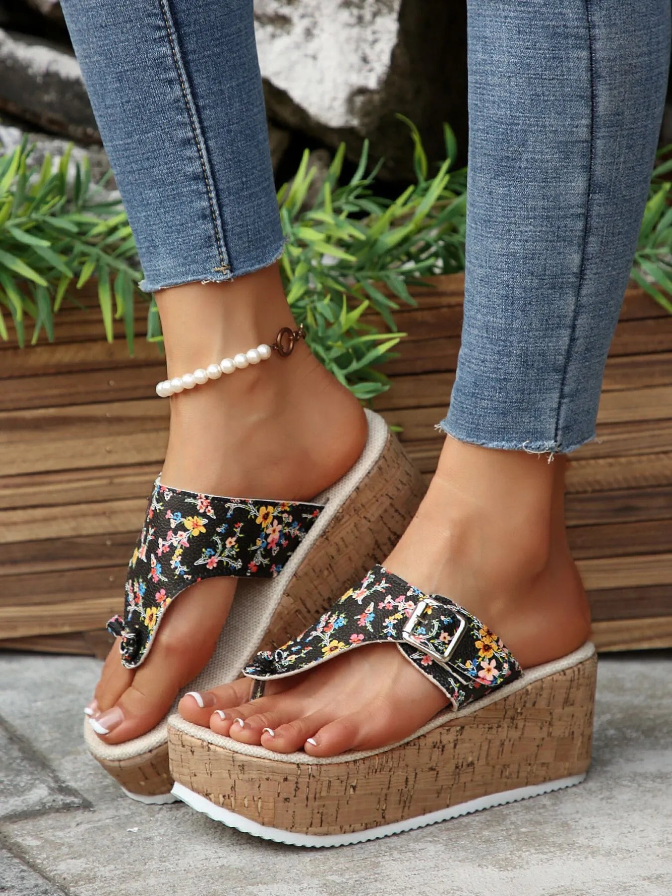 Floral Print Wedge Platform Sandals