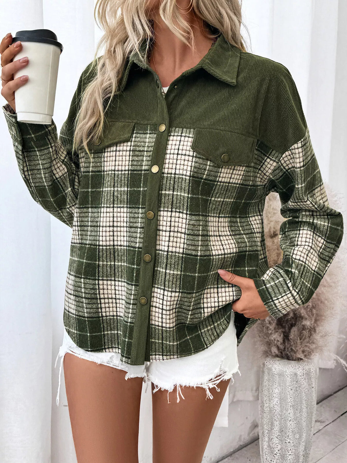 Plaid Button-Up Long Sleeve Shacket with Chest Pockets