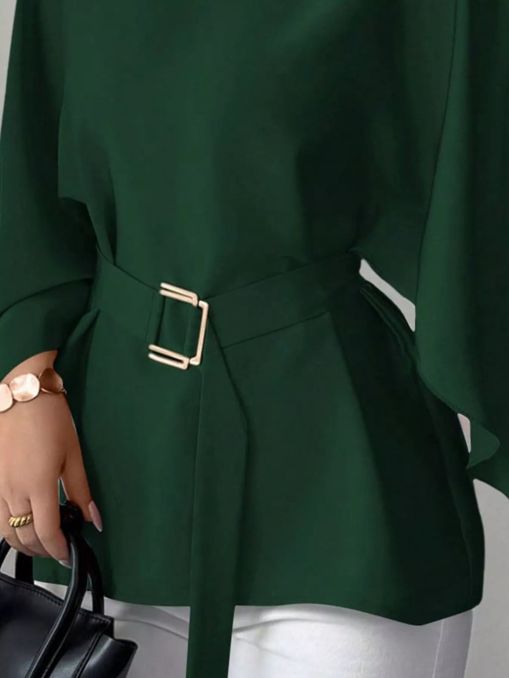 Round Neck Belt Batwing Sleeve Blouse