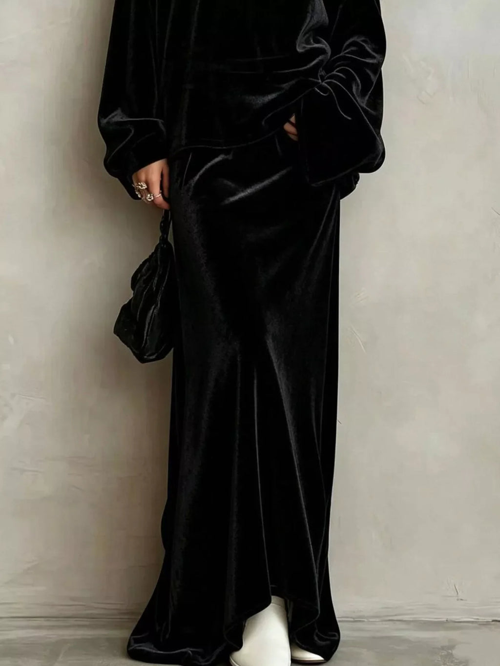 V-Neck Velvet Long Sleeve Top and Maxi Skirt Two-Piece Set