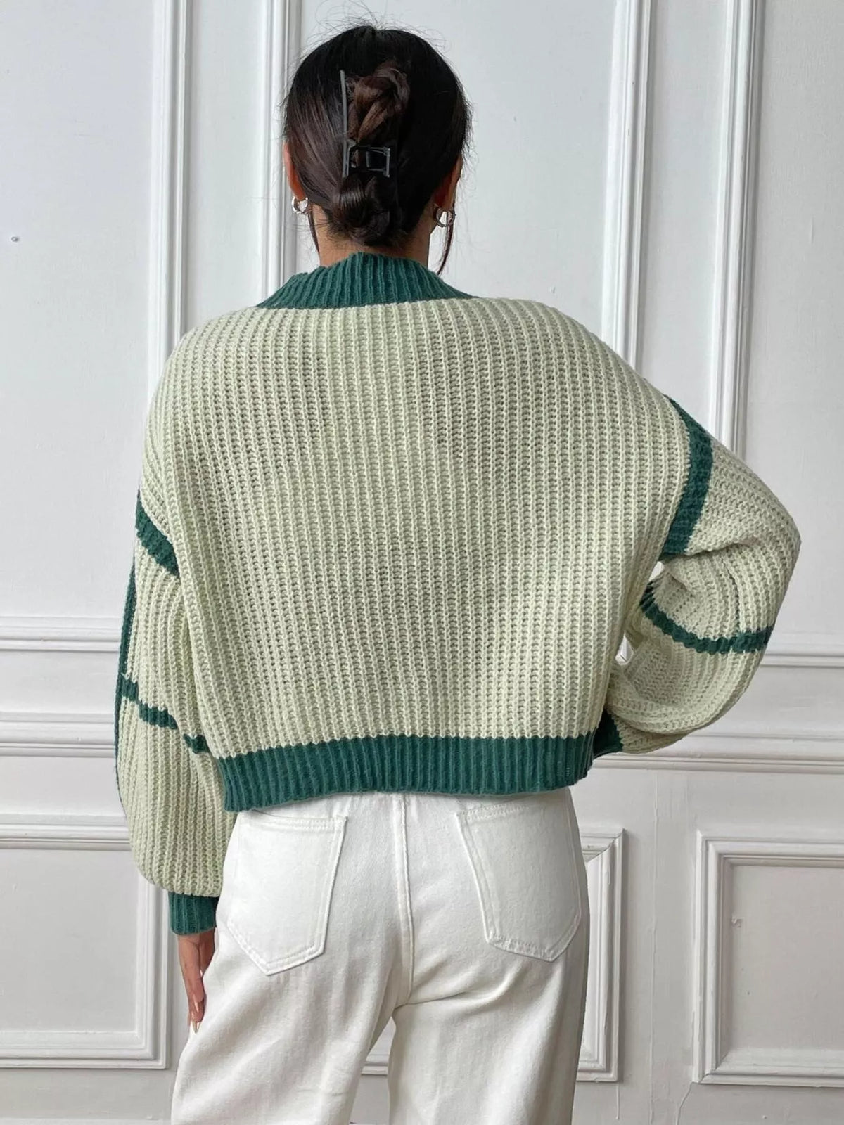 Color-Block Ribbed Knit Open-Front Cropped Cardigan