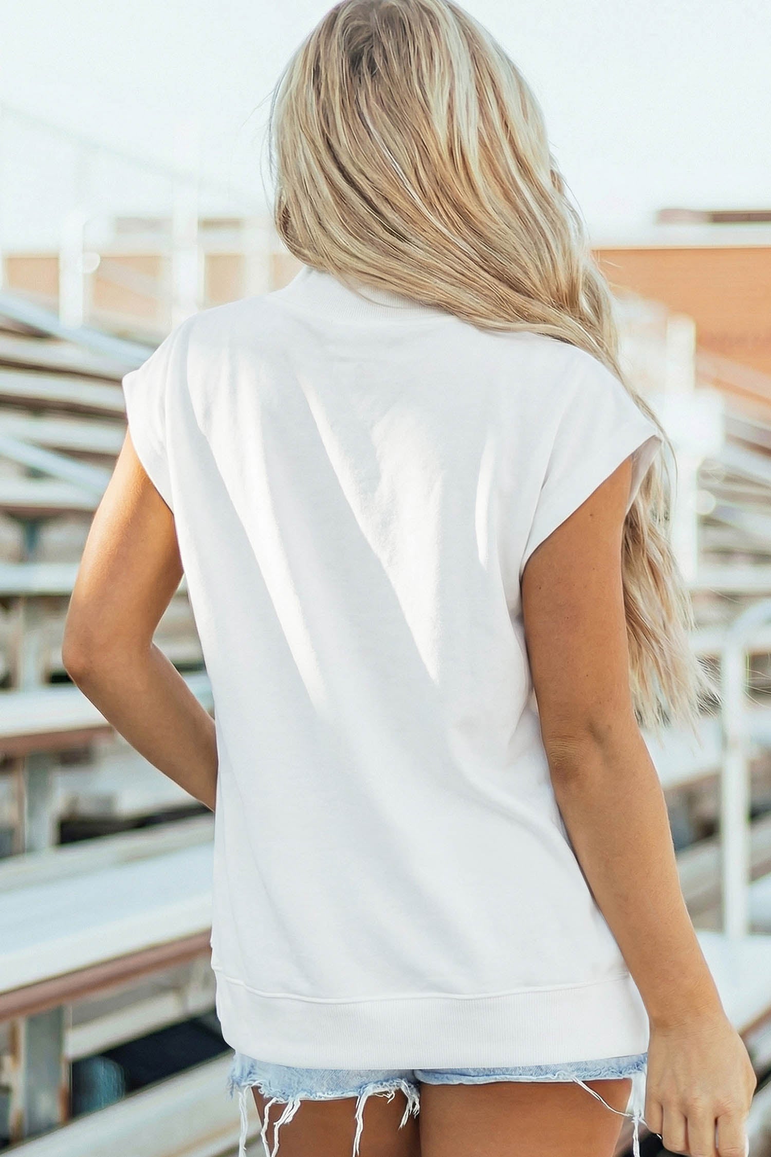 White Patriotic Slogan America Flag Print Mock Neck Tee
