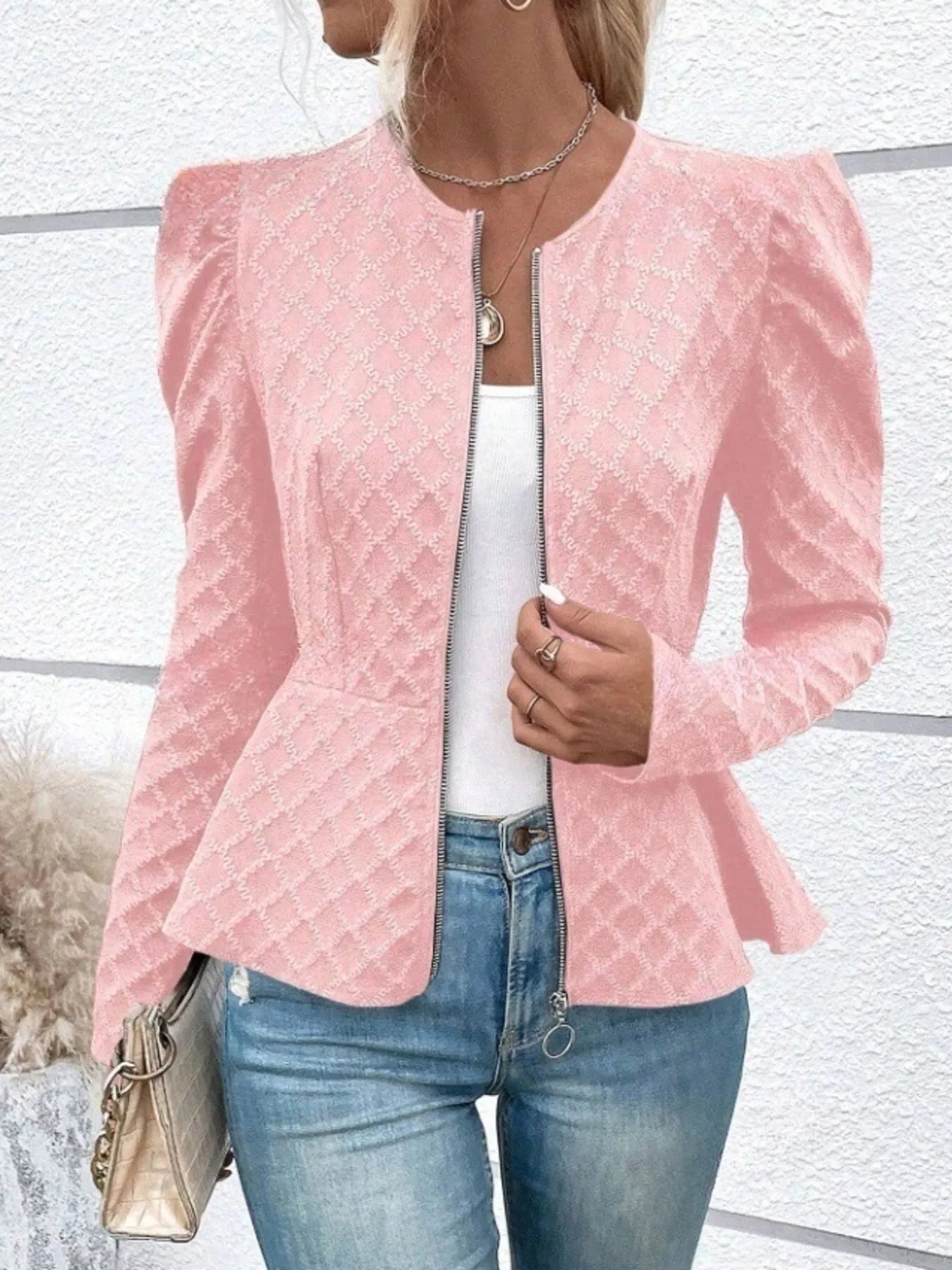 Puff Sleeve Textured Jacquard Jacket