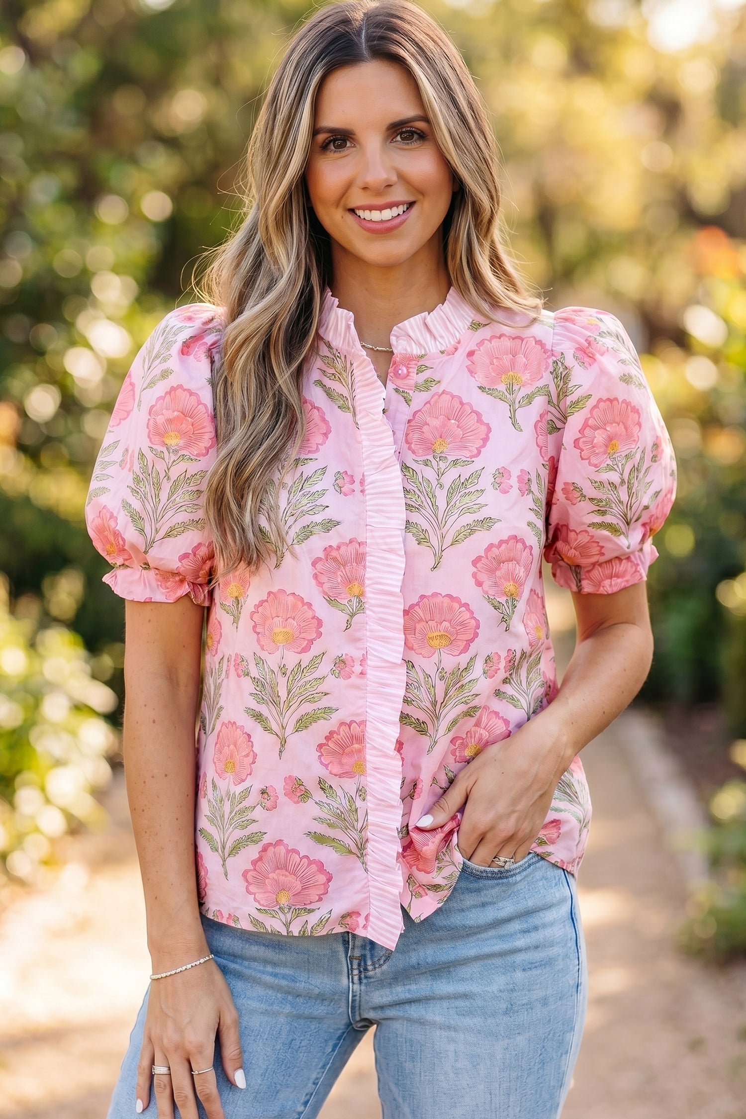 Pink Sweet Blooms Ruffle Striped Trim Puff Sleeve Shirt