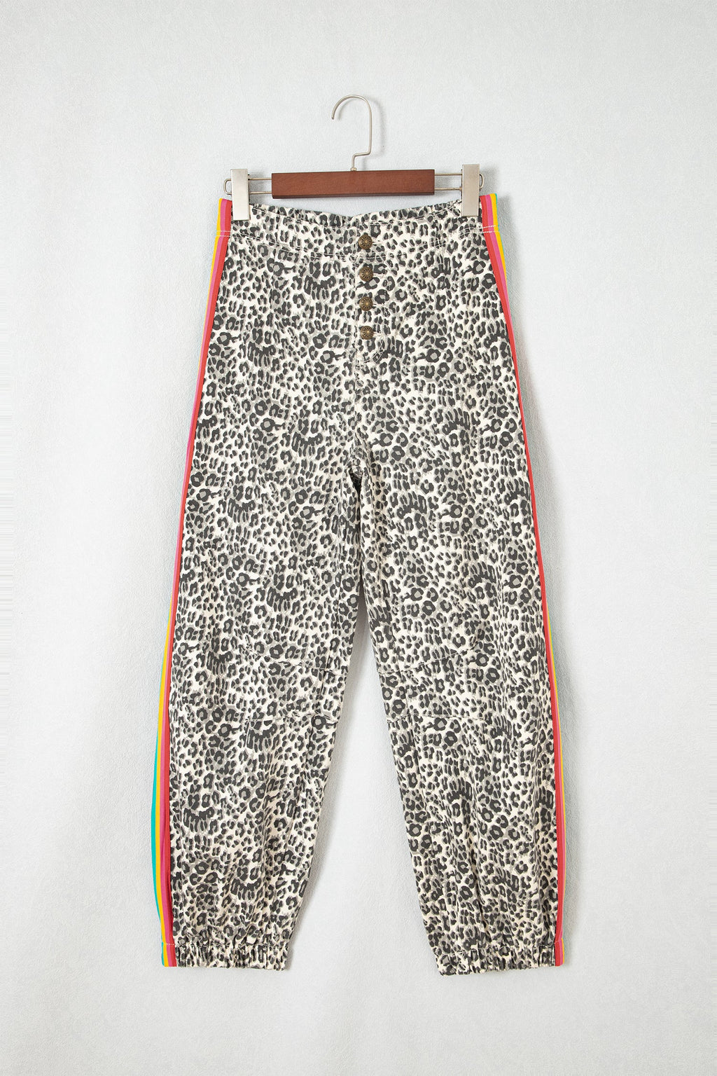 Brown Leopard Print Rainbow Striped Detail Buttoned Loose Jogger Jeans
