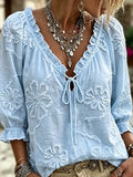 Full Size Flower Tie Front 3/4 Sleeve Blouse Plus Size