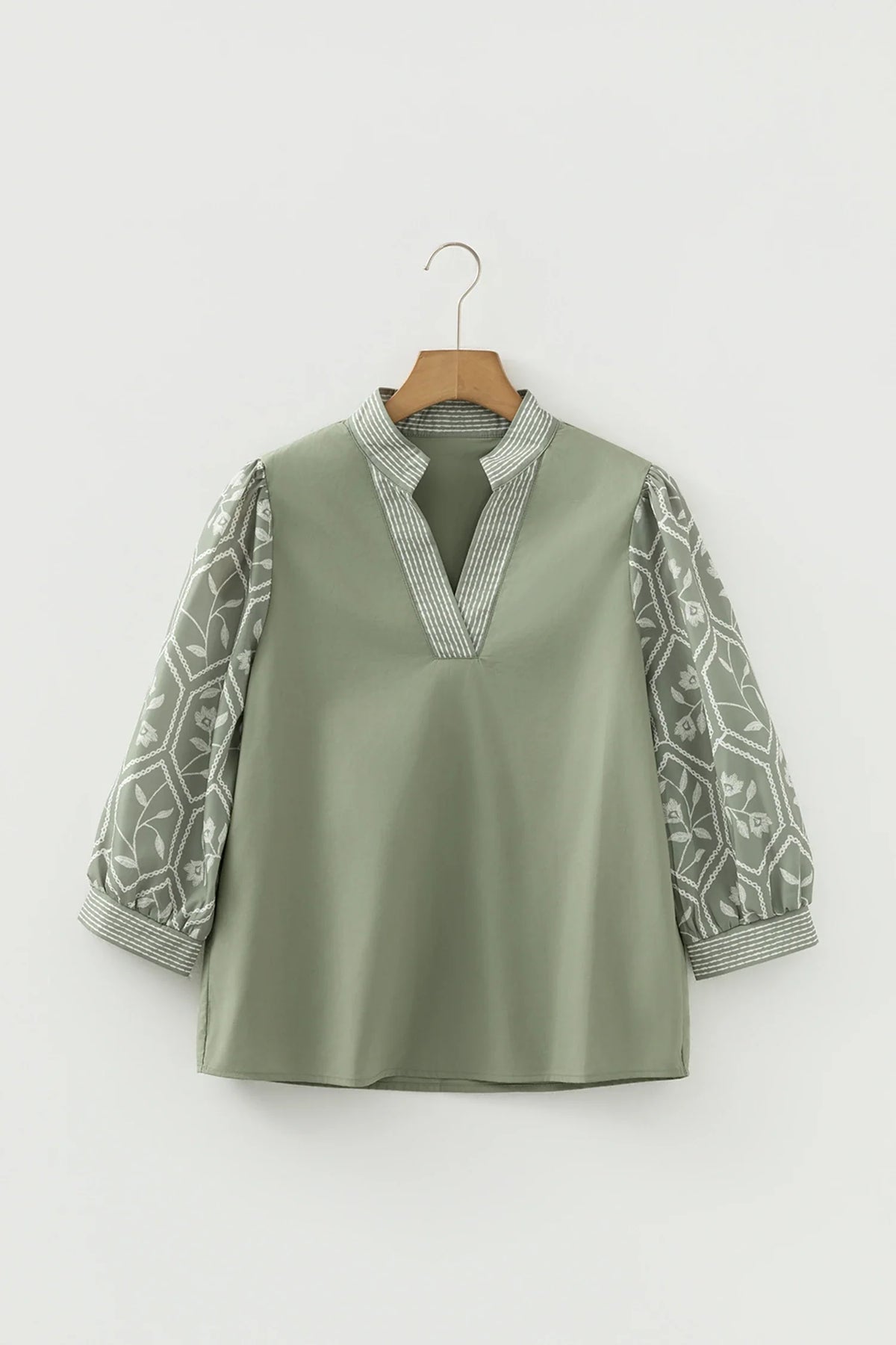 Floral Patchwork Contrast V-Neck Puff Sleeve Blouse