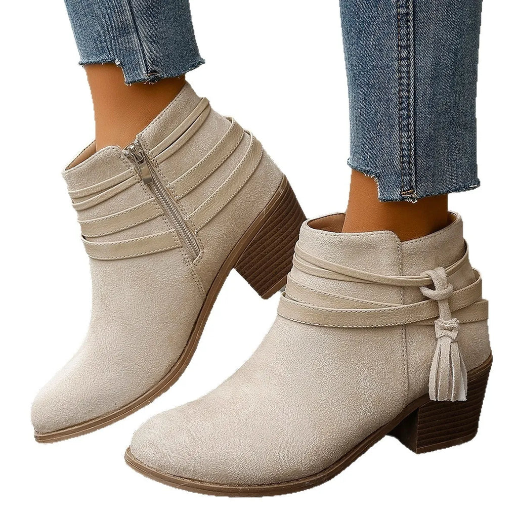 Tassel Point Toe Block Heels Boots