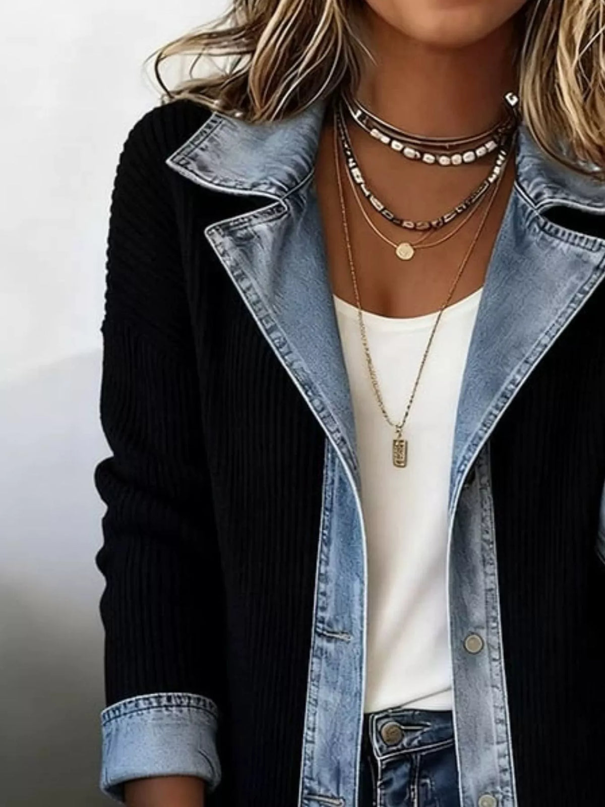 Full Size Denim Trim Ribbed Knit Jacket Plus Size