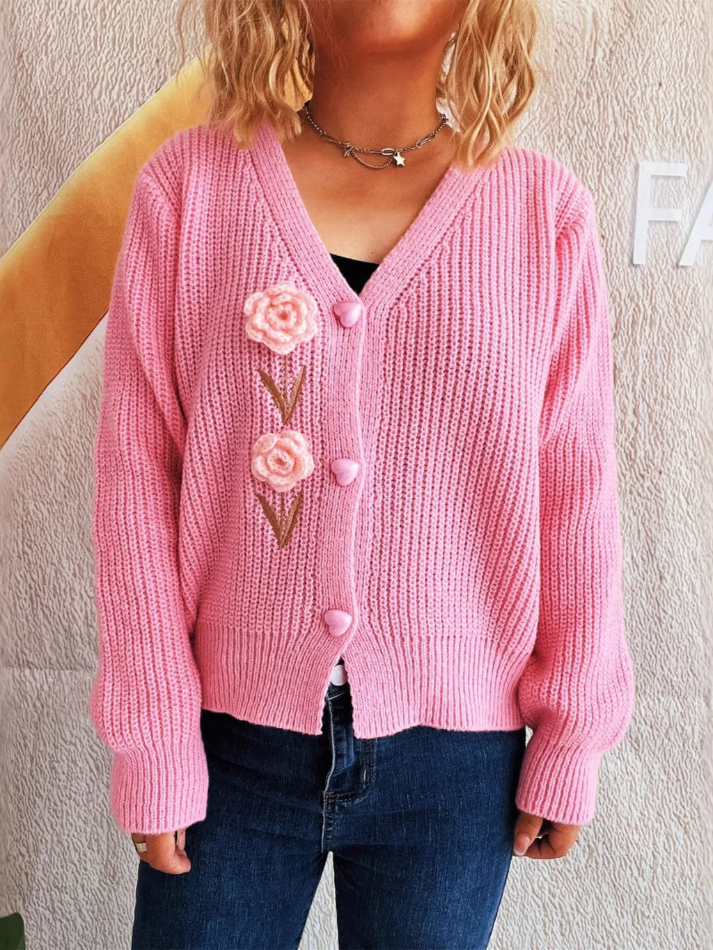 Flower V-Neck Button Up Cardigan
