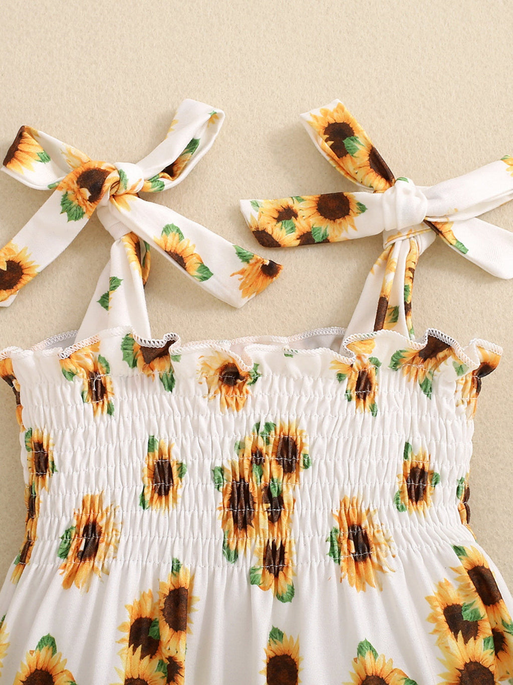 Children's Sunflower Print Smocked Ruffle Trim Jumpsuit