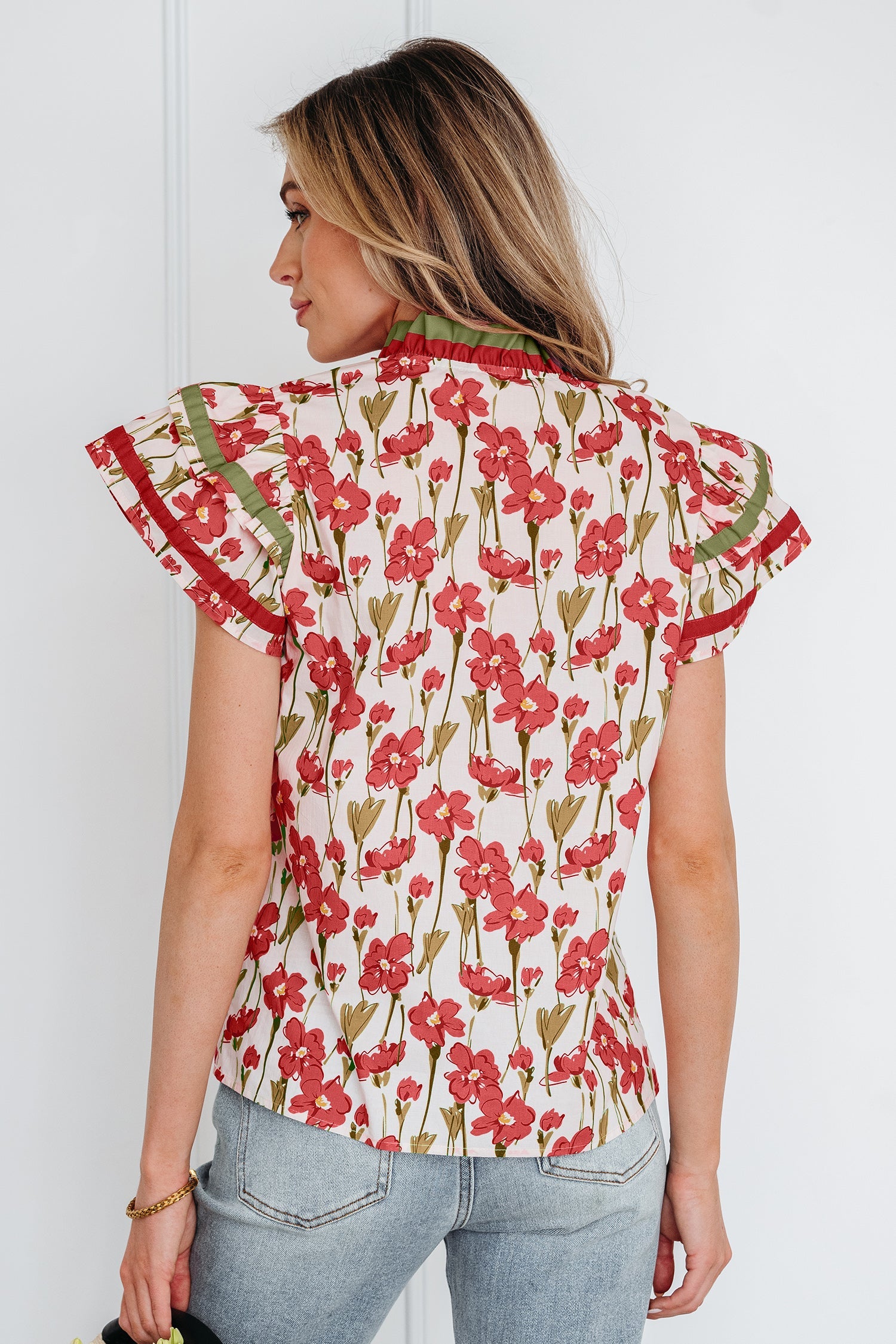 Red Floral Print Contrast Trim V Neck Double Ruffled Short Sleeve Blouse