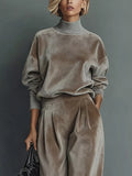Full Size Elegant Velvet Mock Neck Long Sleeve Top and Wide-Leg Pants Set Plus Size