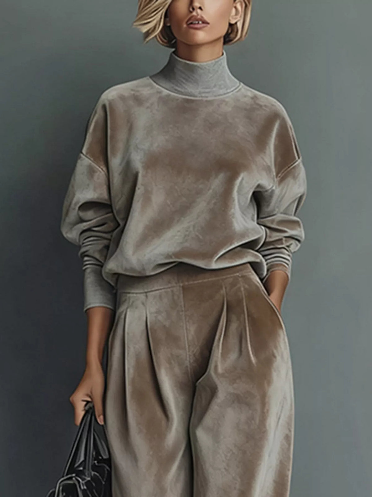 Full Size Elegant Velvet Mock Neck Long Sleeve Top and Wide-Leg Pants Set Plus Size