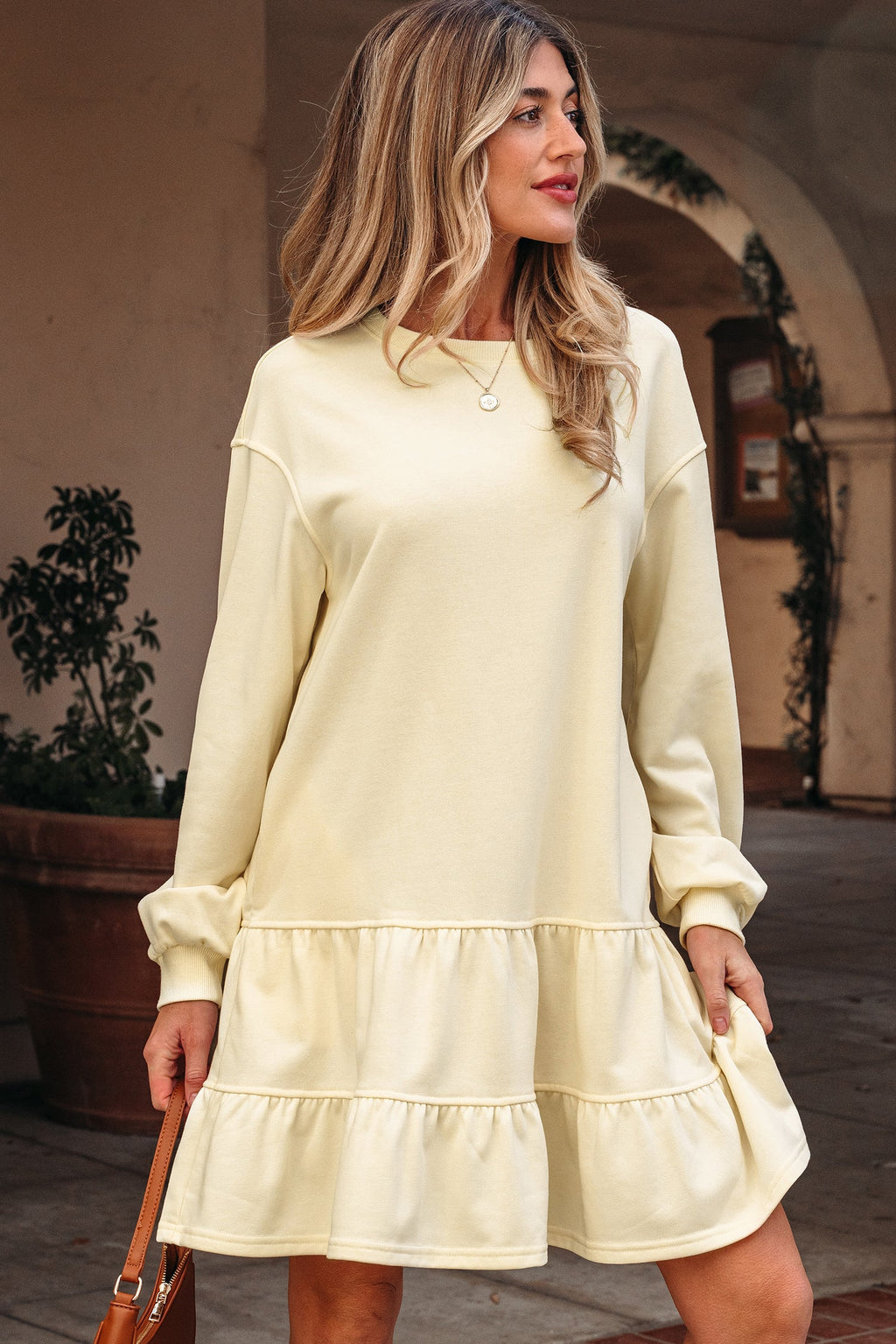 Solid Tiered Ruffle Hem Long Sleeve Dress