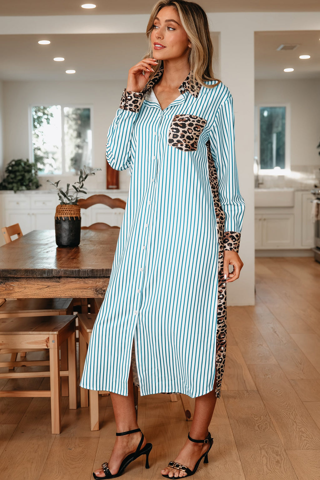 Leopard Patchwork Stripe Shirt Dress with Slits