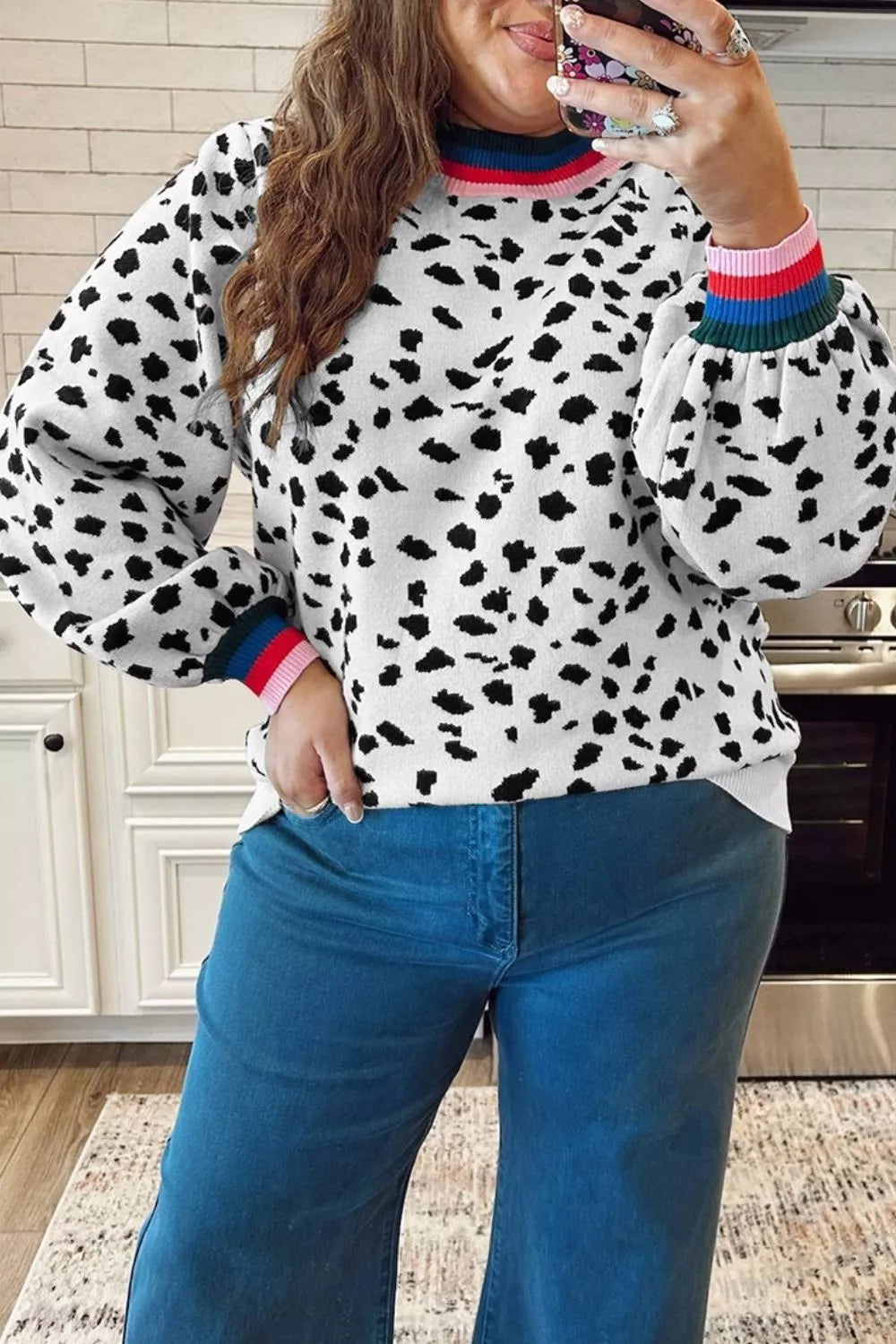 Plus Size Leopard Print Colorblock Round Neck Long Sleeve Tunic Sweater