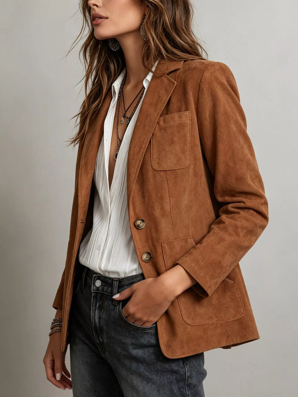 Classic Suede Single-Breasted Blazer Jacket