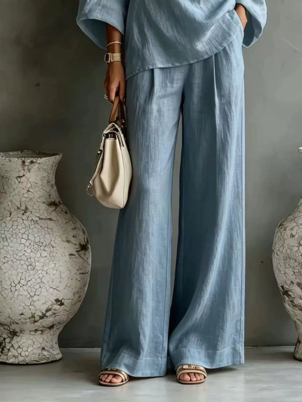 One Shoulder Top and Wide Leg Pants Set