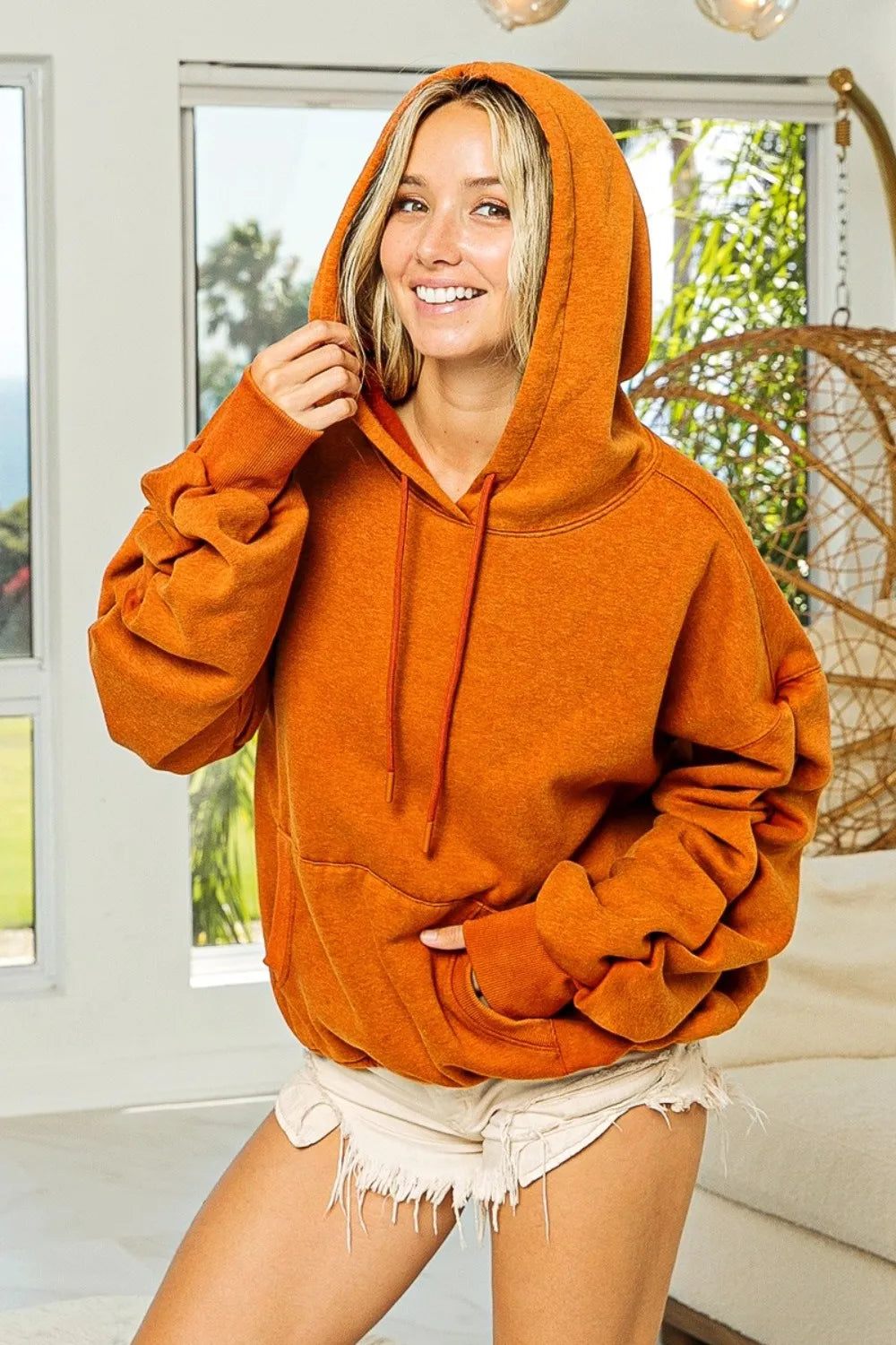 Ruched Fleece Hoodie with Long Sleeves and Kangaroo Pocket