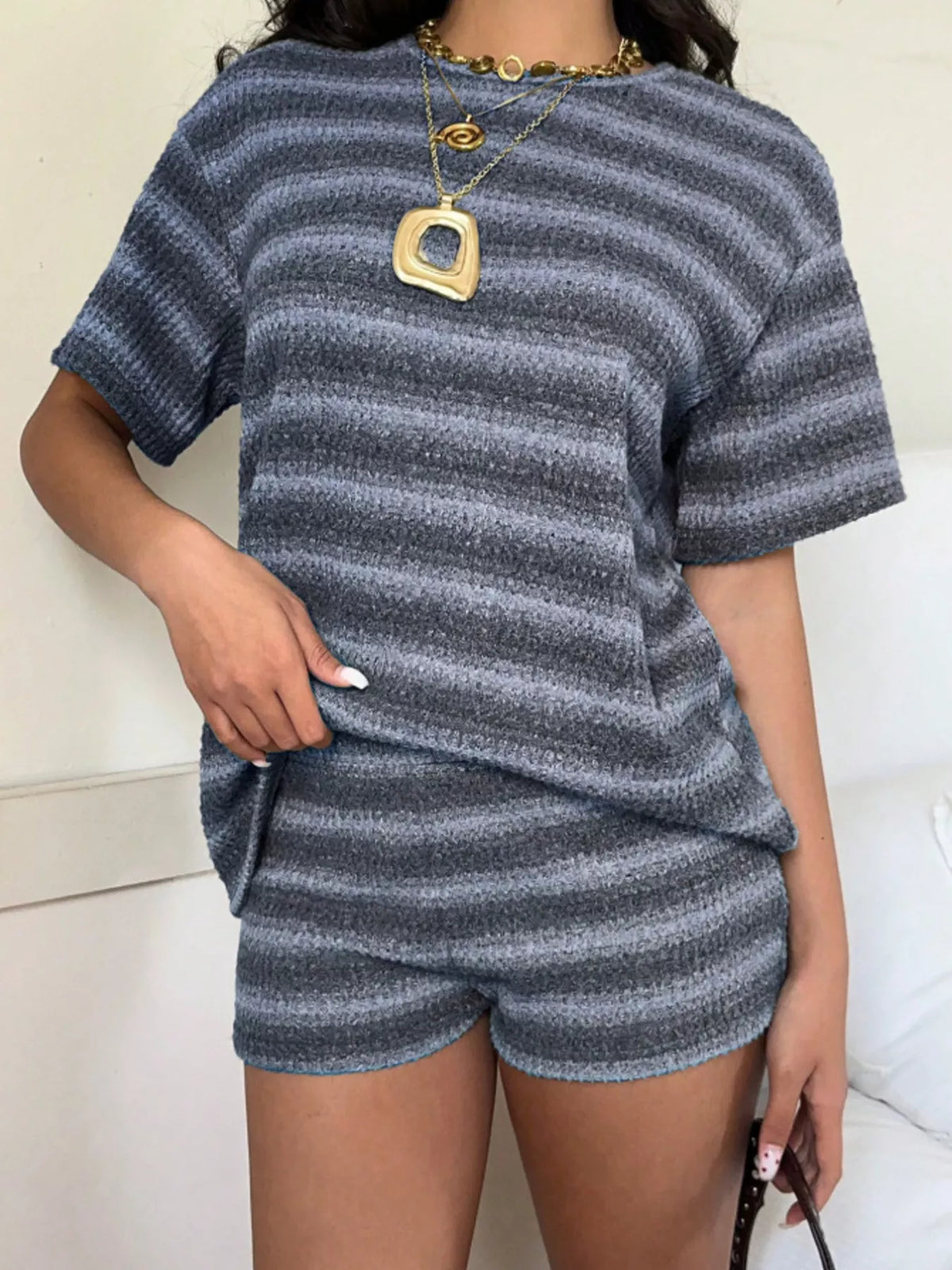 Striped Textured Knit Top and Shorts Set