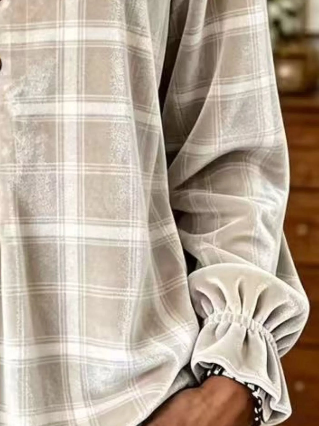 Full Size Plaid Velvet Flounce Sleeve Blouse Plus Size