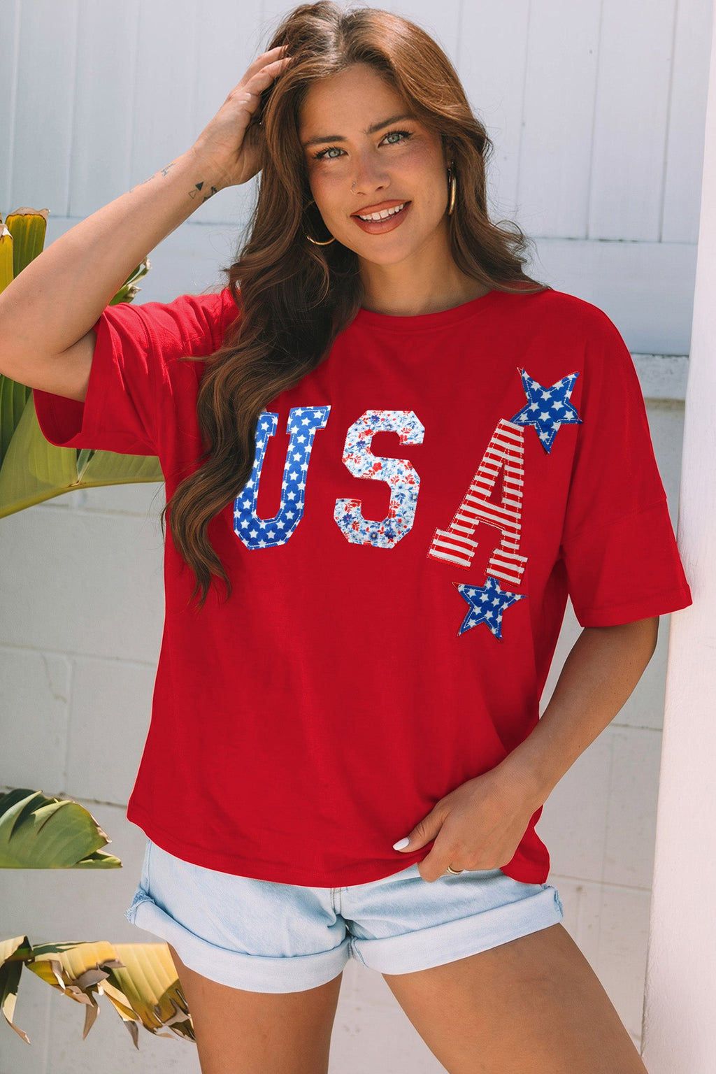 Fiery Red Patriotic USA Slogan Patch Embroidery Short Sleeve T Shirt