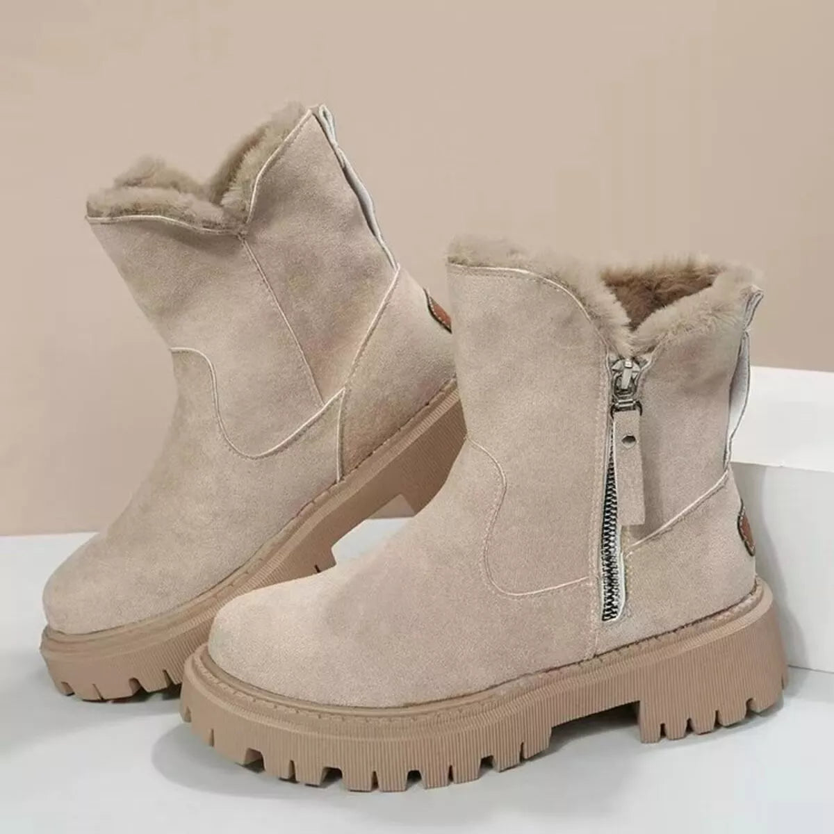 Fuzzy Lined Ankle Boots with Zipper