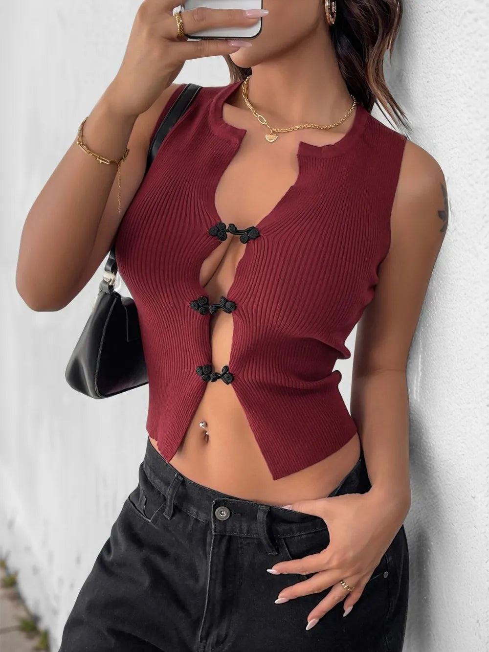 Ribbed Knit Cropped Tank with Front Knot and Buttons