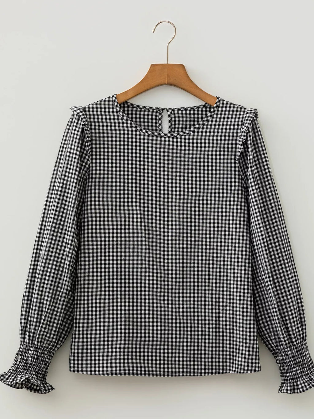 Plaid Shirred Cuff Long Sleeve Round Neck Blouse