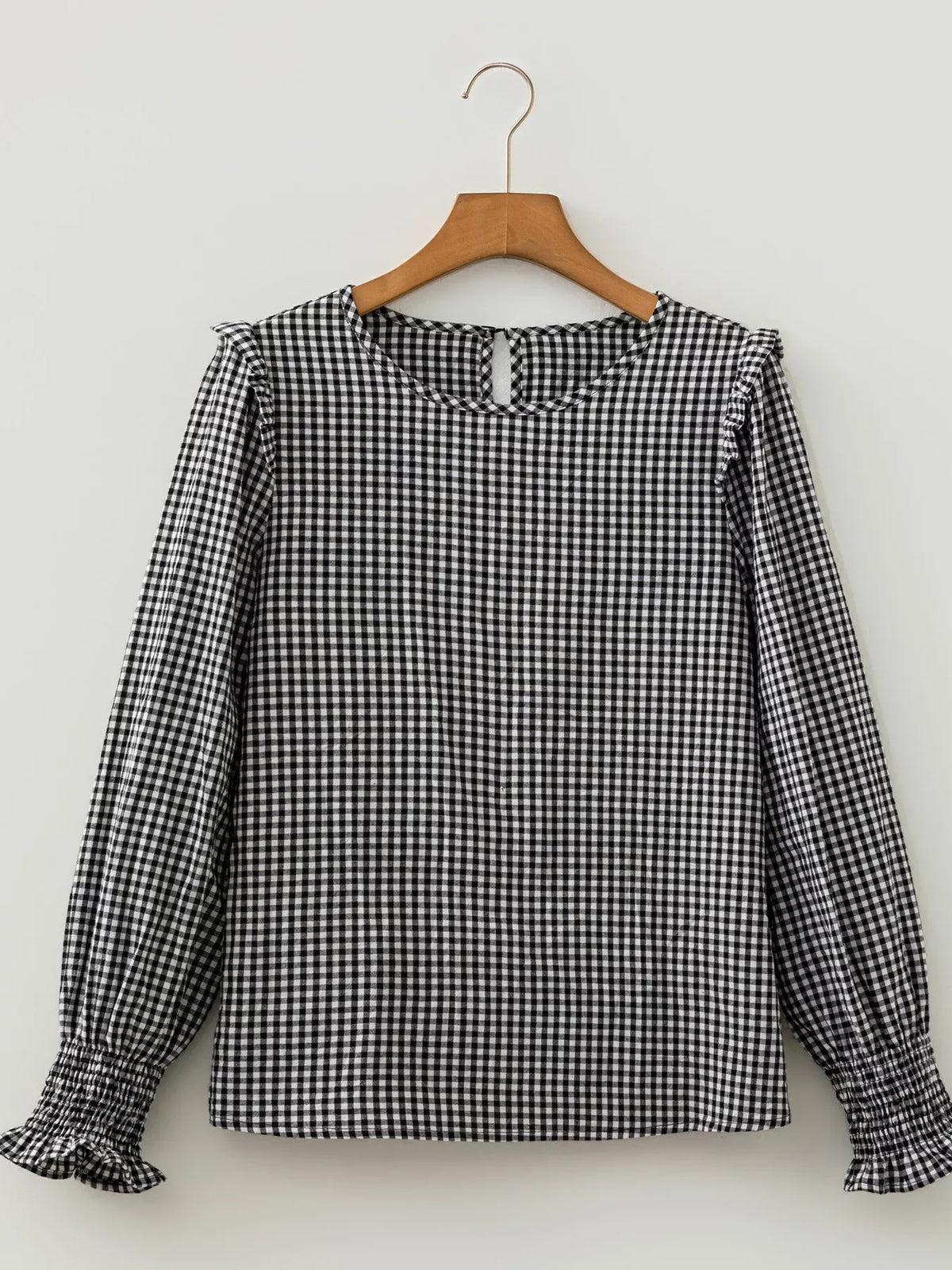 Plaid Shirred Cuff Long Sleeve Round Neck Blouse
