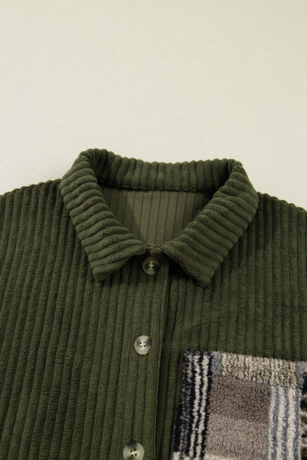Plaid Patchwork Sleeve Button-Up Ribbed Fleece Jacket