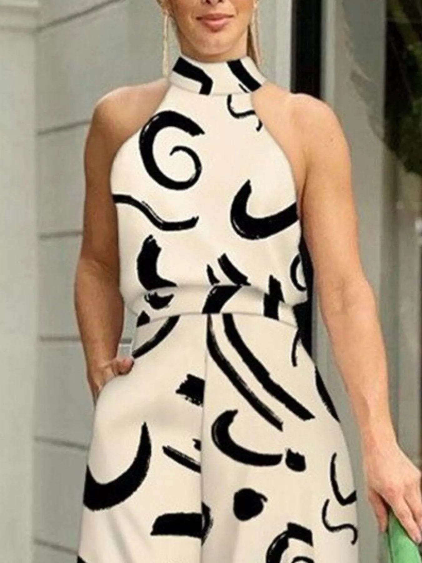 Halter Neck Abstract Print Wide Leg Jumpsuit