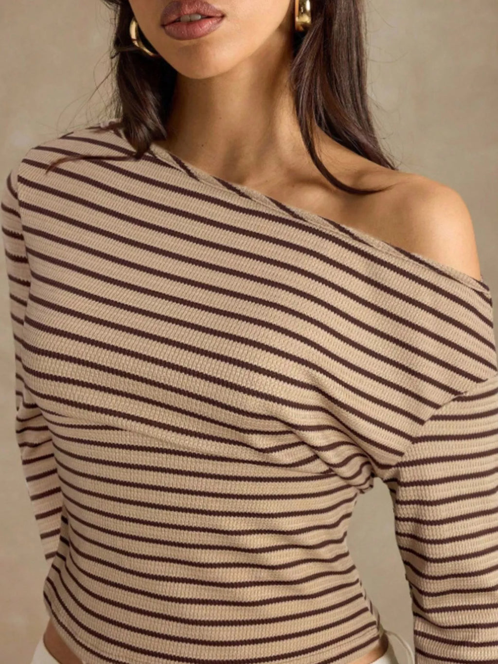 Off-Shoulder Striped Ribbed Long Sleeve T-Shirt