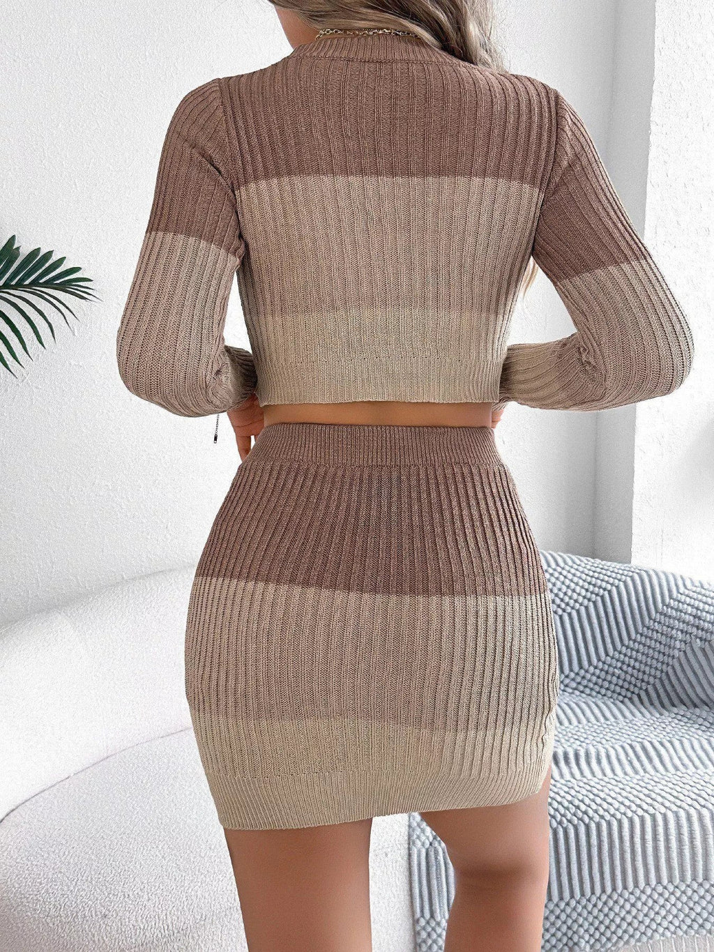 Color Block Ribbed Knit Top and Skirt Sweater Set