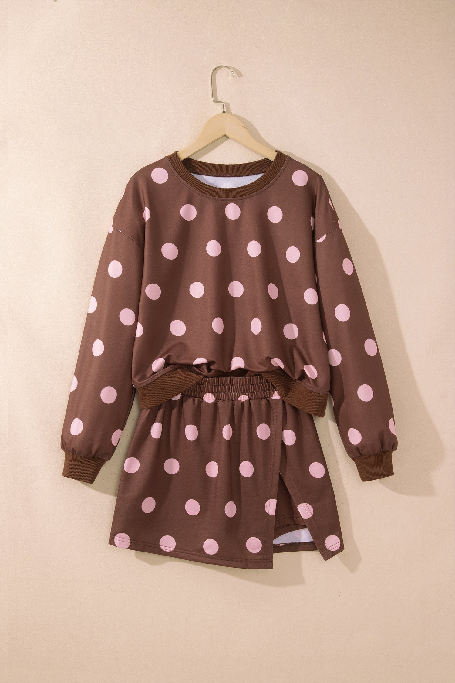 Pink Polka Dot Two Piece Set Long Sleeve Casual Skirt Set