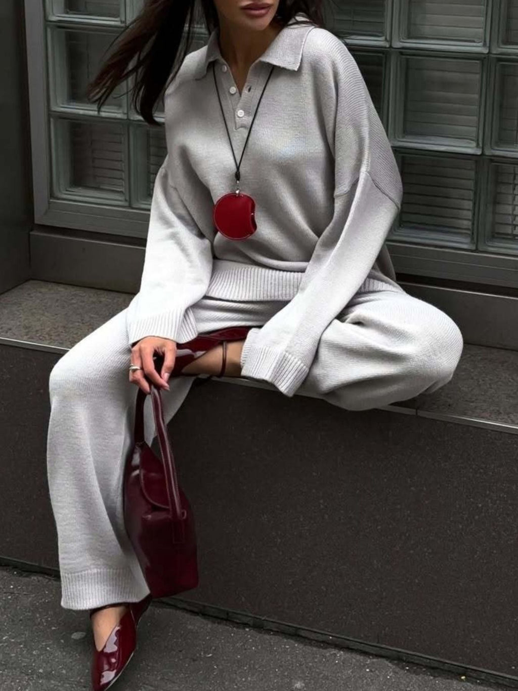 Polo Collar Top and Wide Leg Pants Knit Set