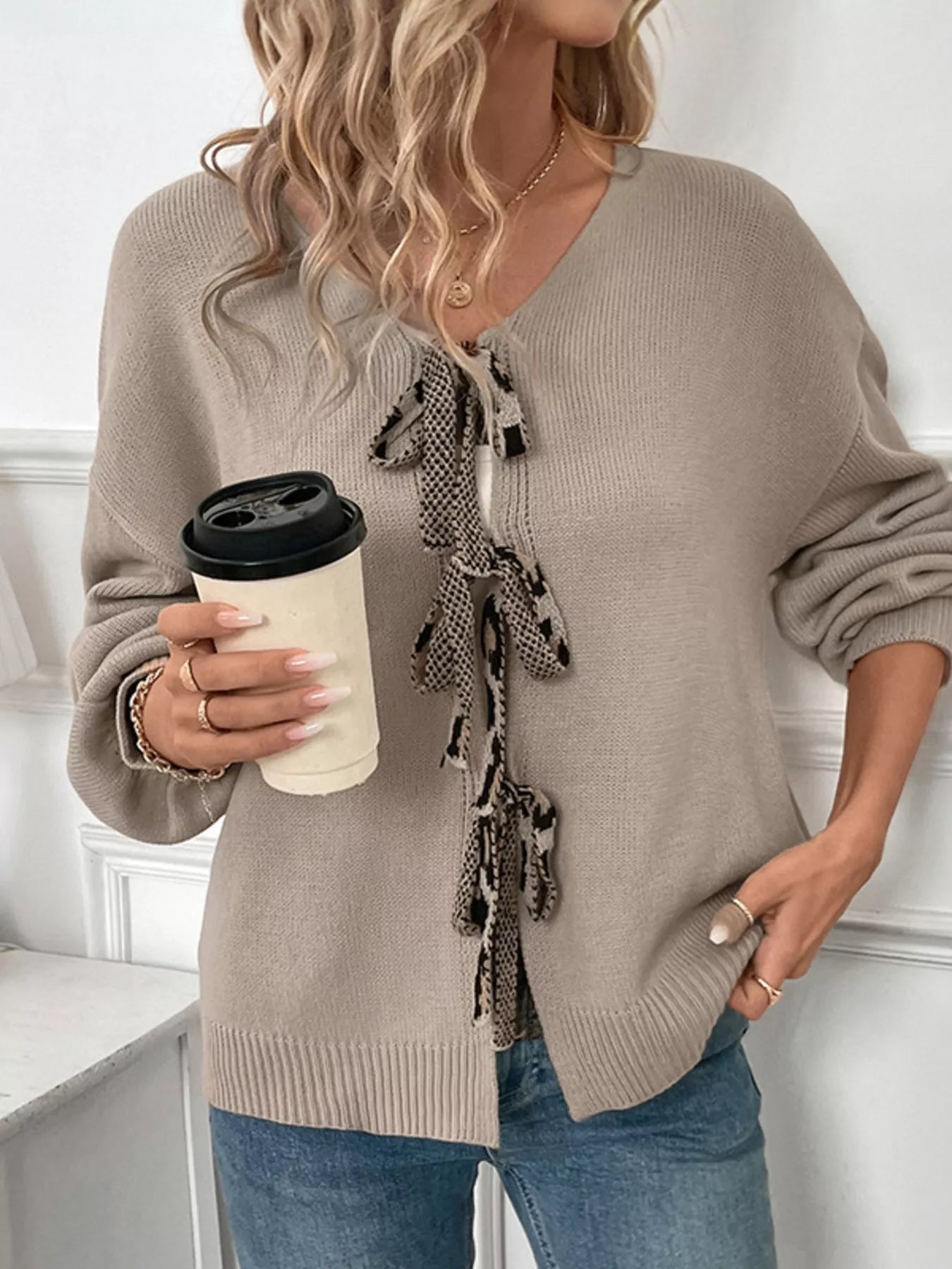 Leopard Heart Back Tie-Front Knit Cardigan