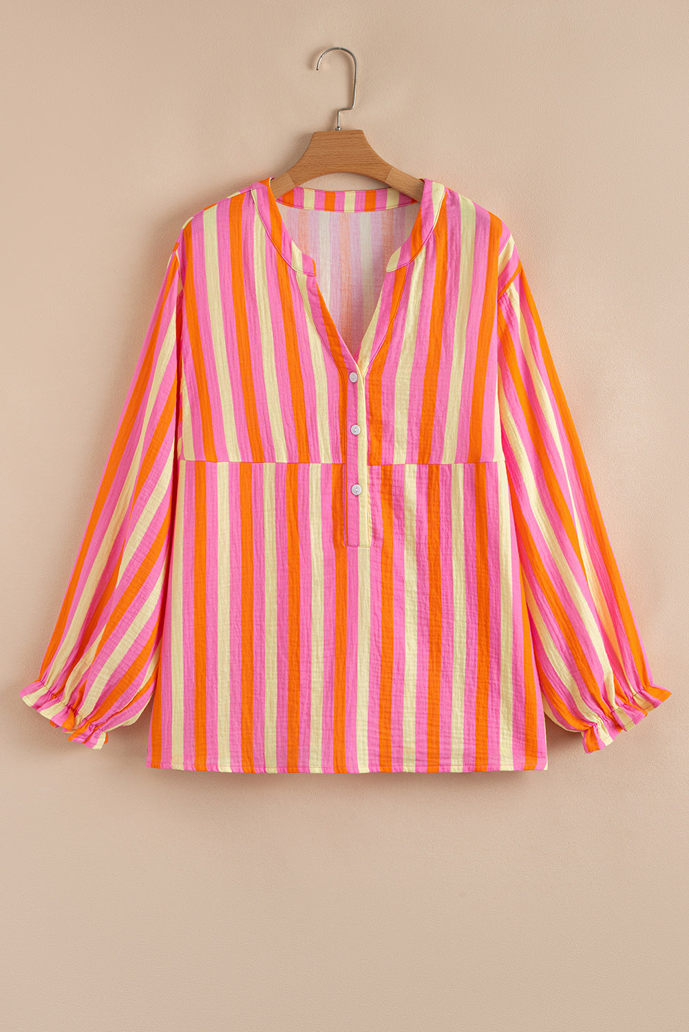 Plus Size Stripe Crinkled Half-Button V-Neck Blouse