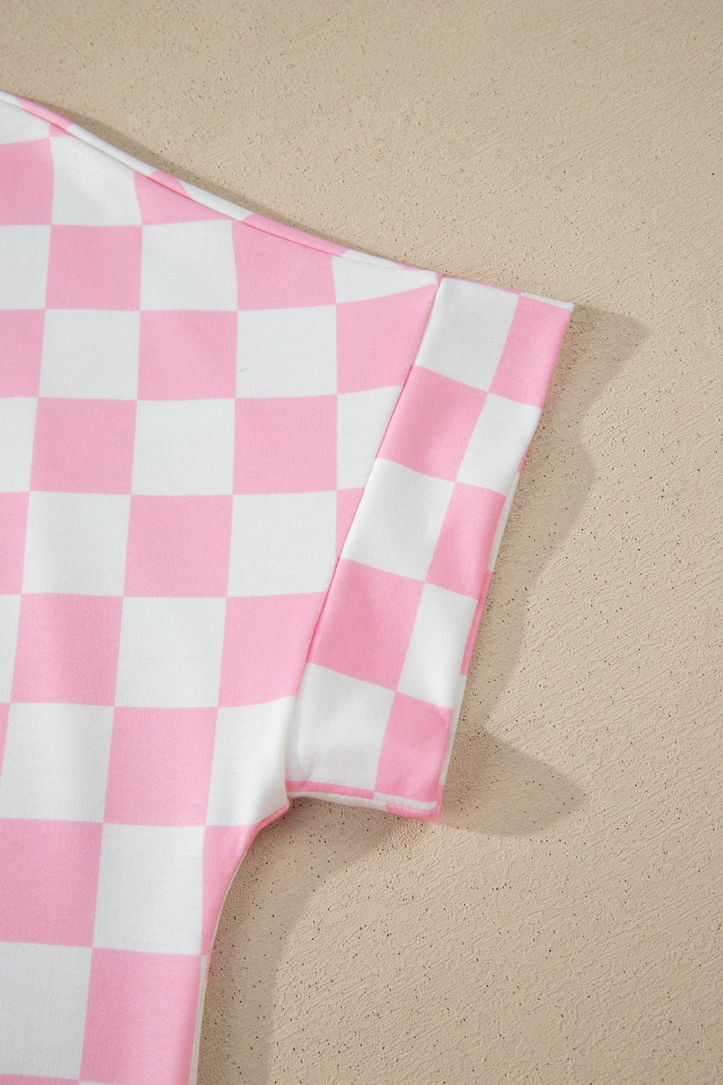 Pink Checkered Print Color Block Trim Mock Neck Short Set