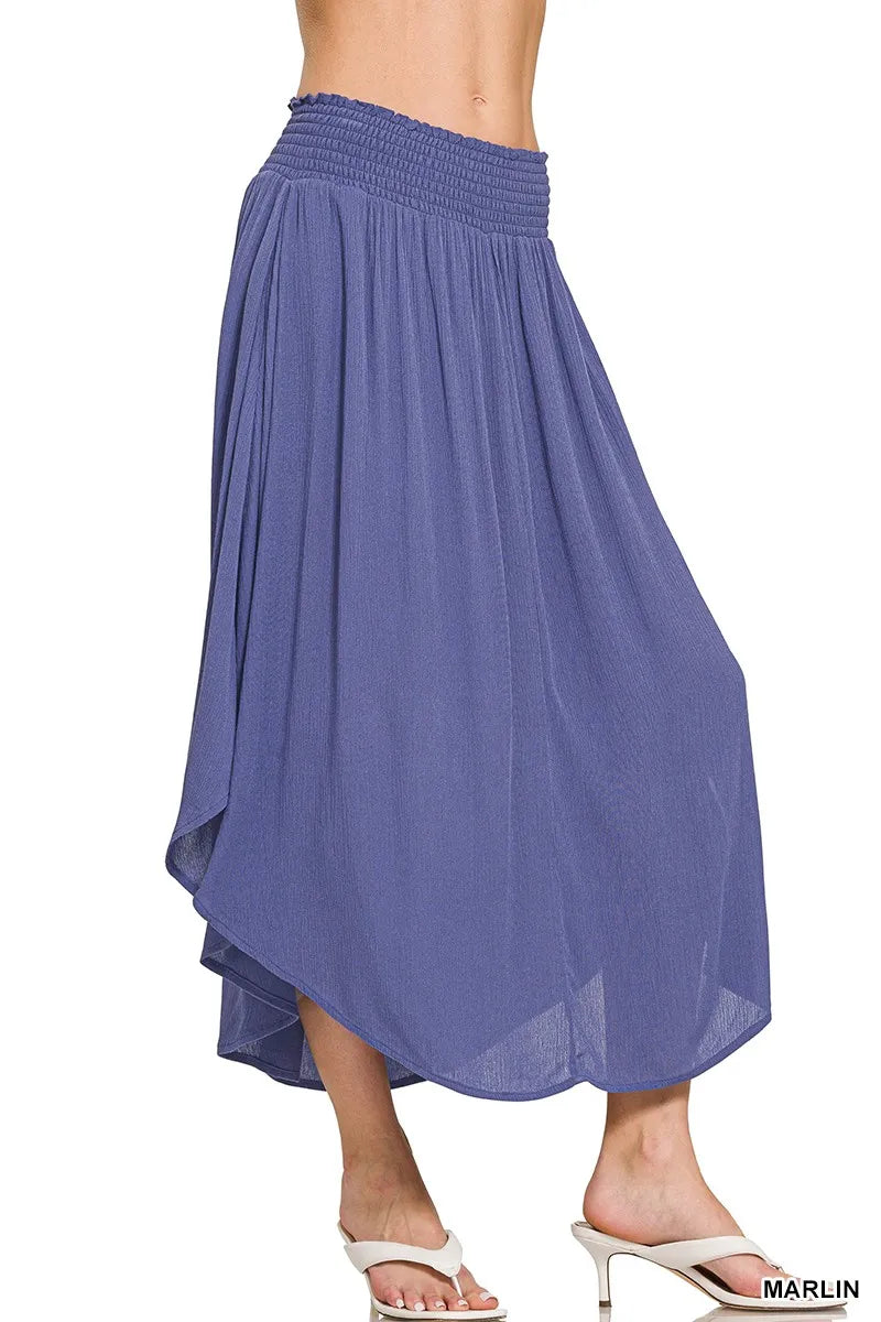 Zenana Woven Crinkle Smocked Waist Maxi Skirt W Pockets