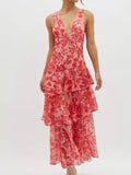 V-Neck Sleeveless Floral Print Layered Ruffle Maxi Dress