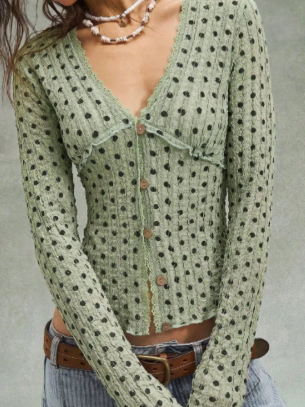 Polka Dot Button Down Textured Long Sleeve Blouse