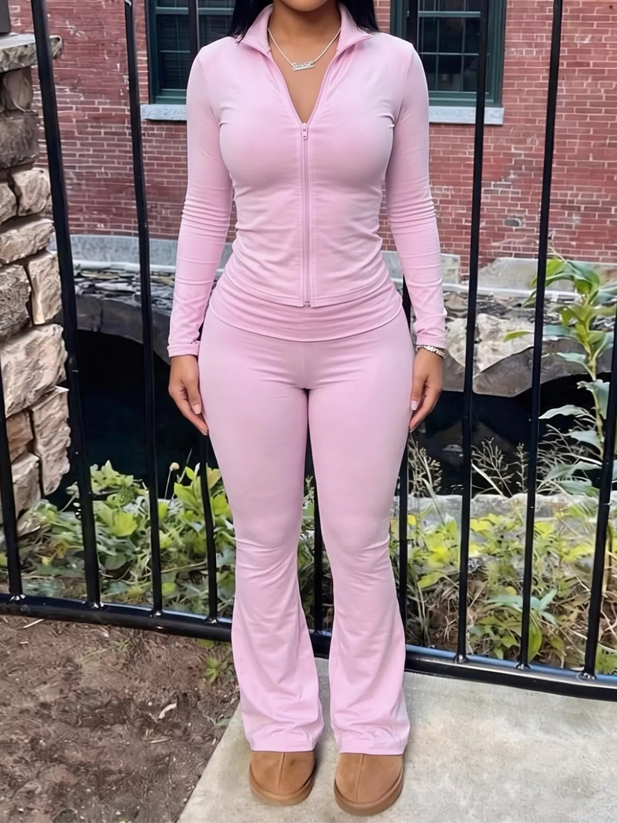 Slim Fit Hooded Zip-Up Top and Flared Pants Set