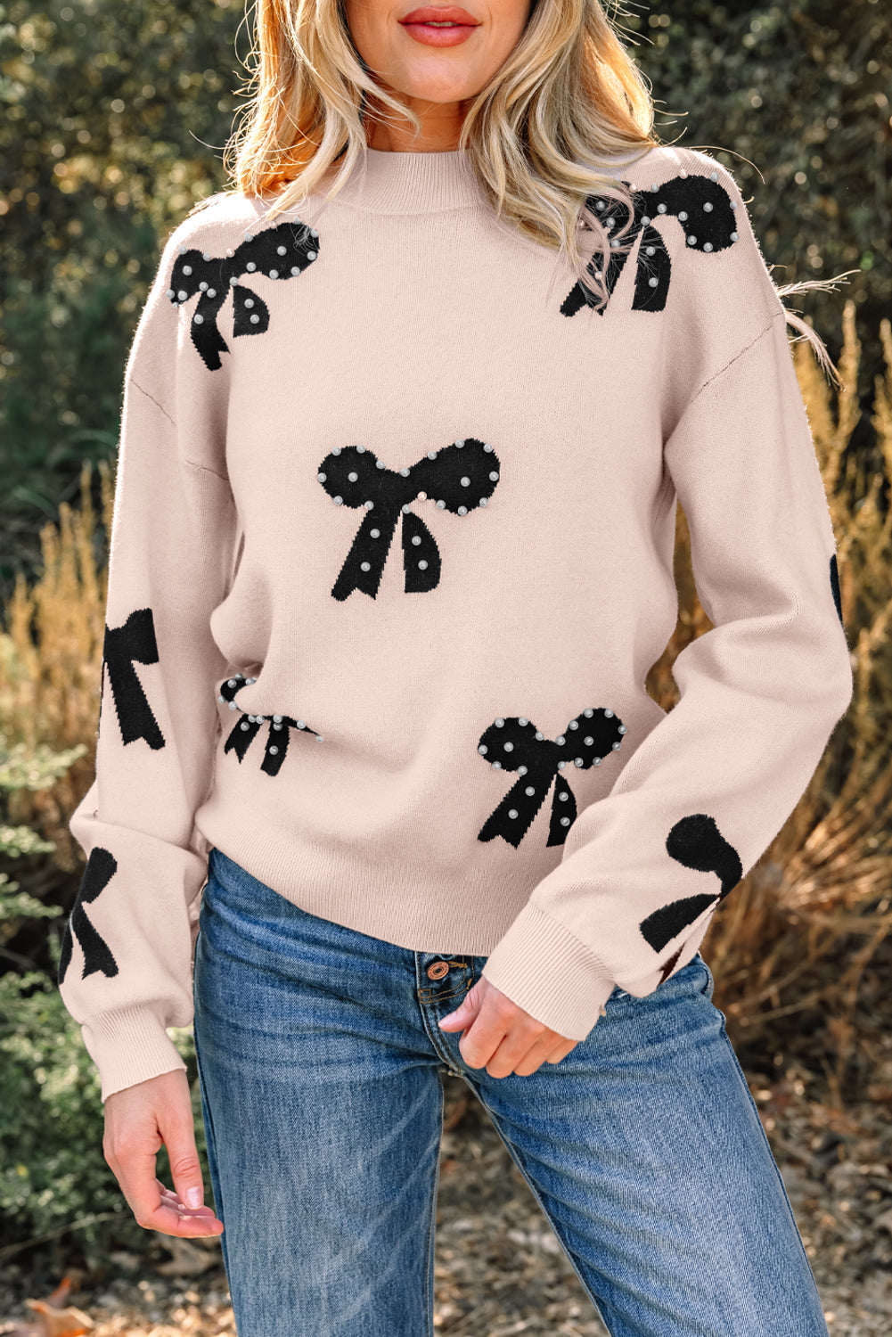 Smoke Gray Pearl Embellished Bow Pattern Loose Sweater