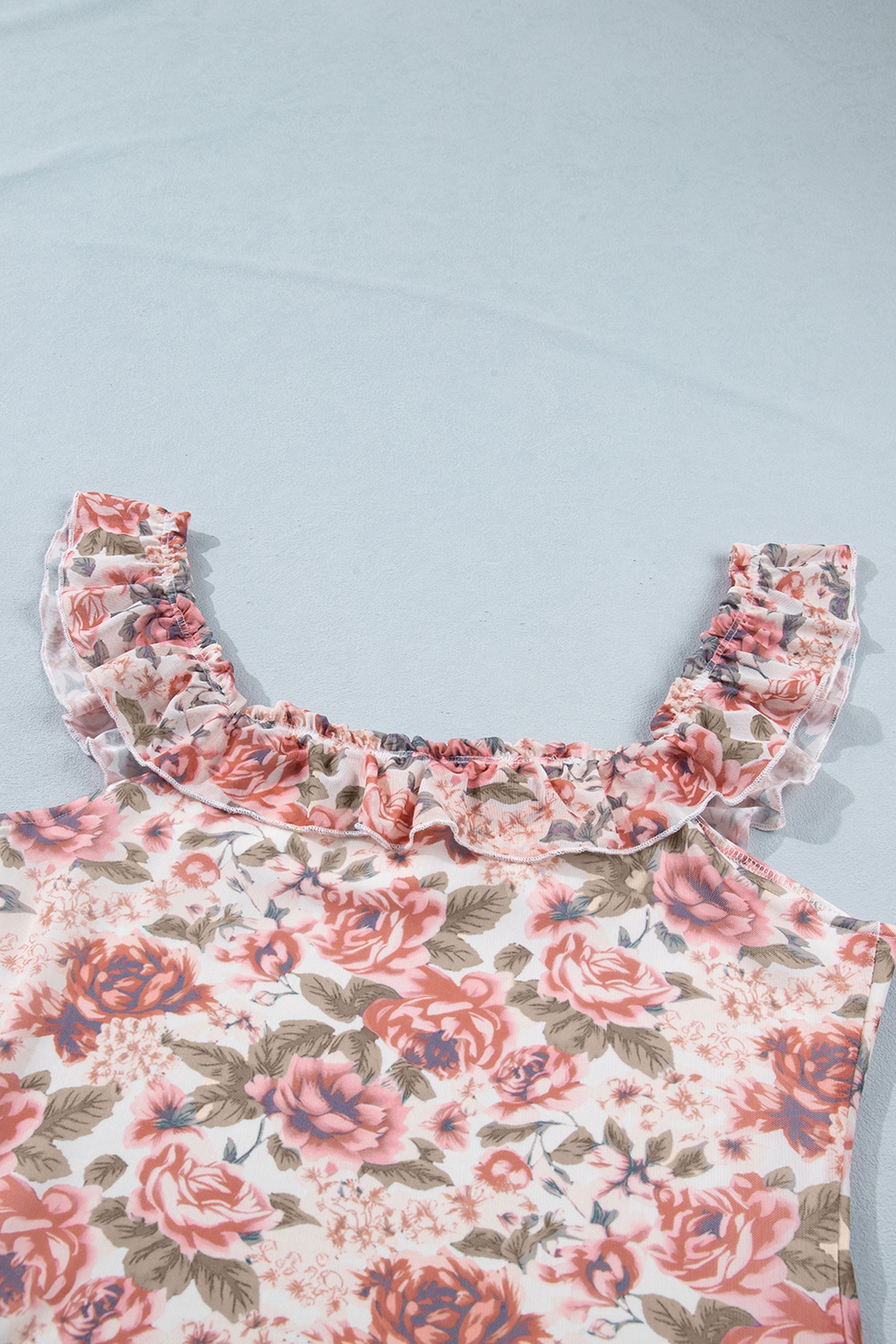Multicolour Retro Floral Ruffle Trim Square Neck Tank Top