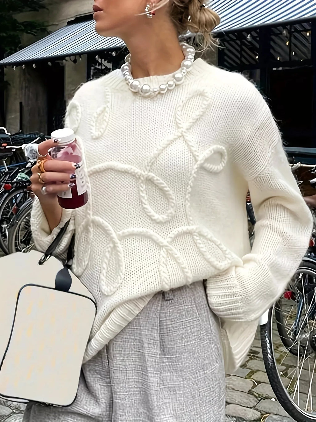 Plus Size Drop Shoulder Textured Sweater with Embossed Rope Detail