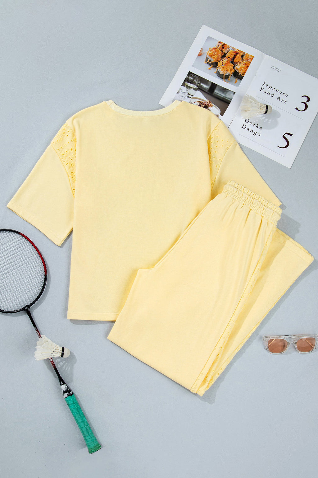 Yellow Cream Lace Patchwork Half Sleeve Top Elastic Waist Pants Two Piece Set