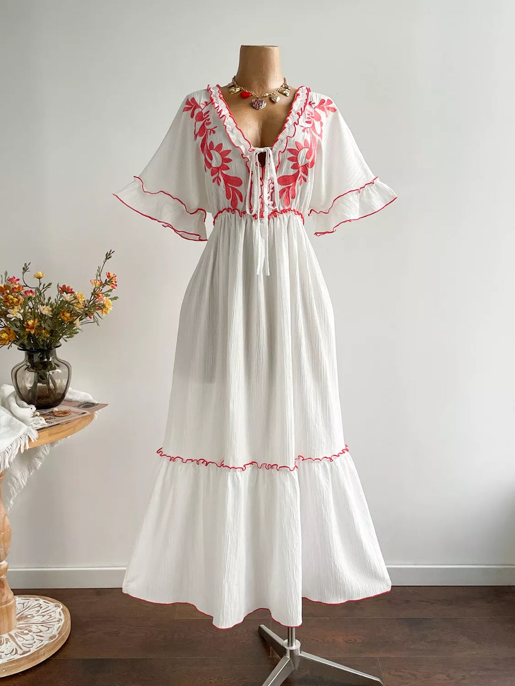 Front Tie Maxi Dress with Floral Embroidered